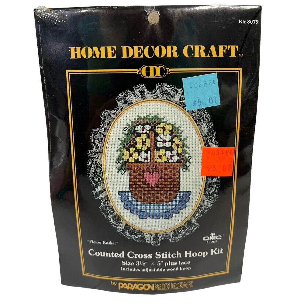 Vtg Paragon Needlecraft Kit Hoop Cross Stitch Kit Flower Basket Home Decor 3.5 5